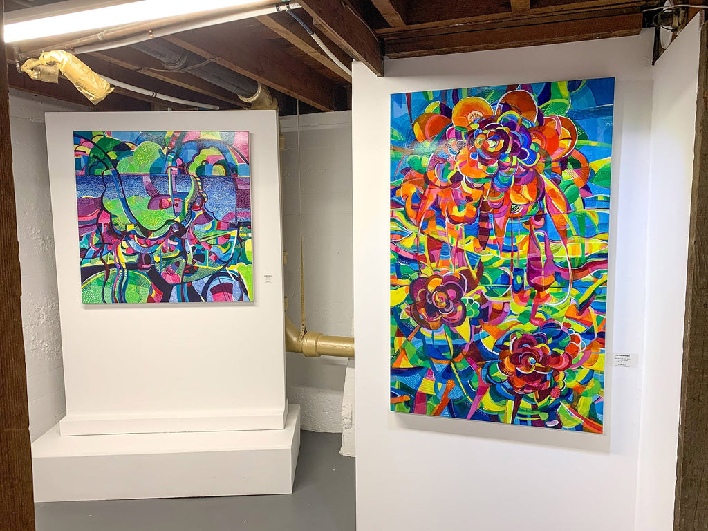 Install image from Jennifer Banzaca's "Utopia" solo exhibition of acrylic paintings at Voss Gallery in San Francisco, February 15-29, 2020. Photograph of paintings installed in the gallery's [The Down Low].