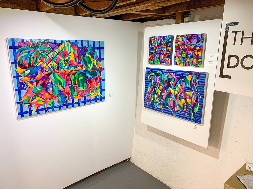 Install image from Jennifer Banzaca's "Utopia" solo exhibition of acrylic paintings at Voss Gallery in San Francisco, February 15-29, 2020.