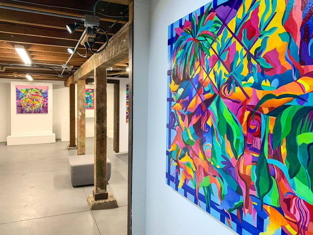 Install image from Jennifer Banzaca's "Utopia" solo exhibition of acrylic paintings at Voss Gallery in San Francisco, February 15-29, 2020.