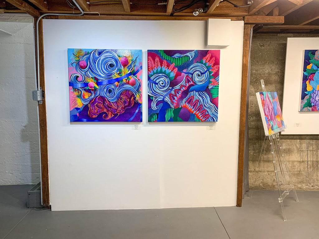 Install image from Jennifer Banzaca's "Utopia" solo exhibition of acrylic paintings at Voss Gallery in San Francisco, February 15-29, 2020. Photograph of paintings installed in the gallery's [The Down Low].