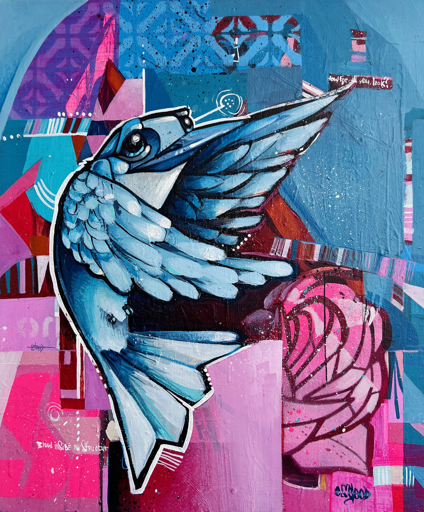 Colorful acrylic and aerosol painting by John Osgood titled 'How Far Do You Look,' featuring an abstract bird in flight against a dynamic geometric background, available at Voss Gallery San Francisco.