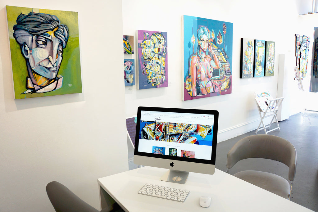 Photograph of Apple iMAC and artwork during John Osgood's "In Plain Sight" solo exhibition at Voss Gallery Francisco, May-June 2020.
