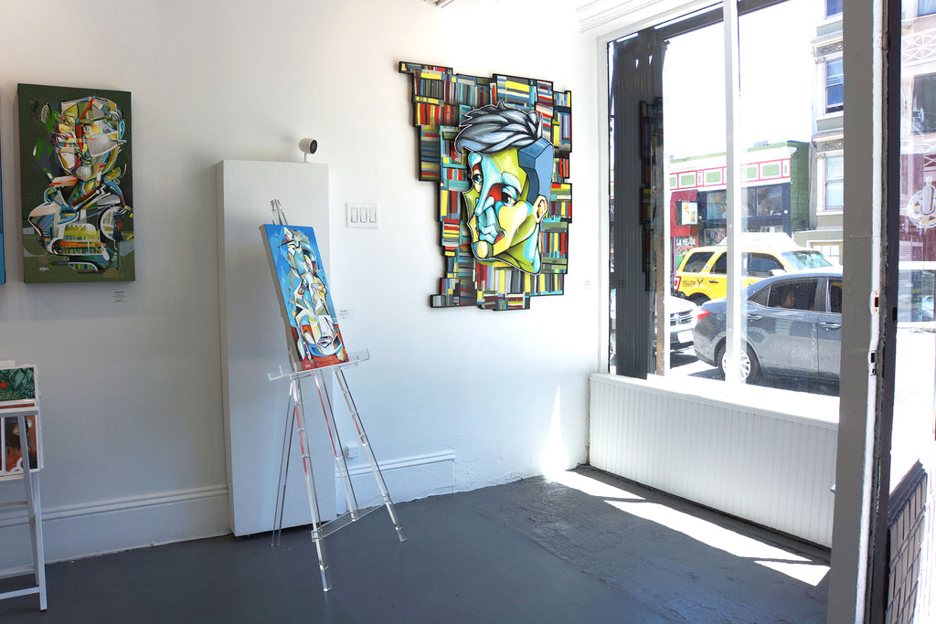 Photograph of paintings during John Osgood's "In Plain Sight" solo exhibition at Voss Gallery Francisco, May-June 2020.