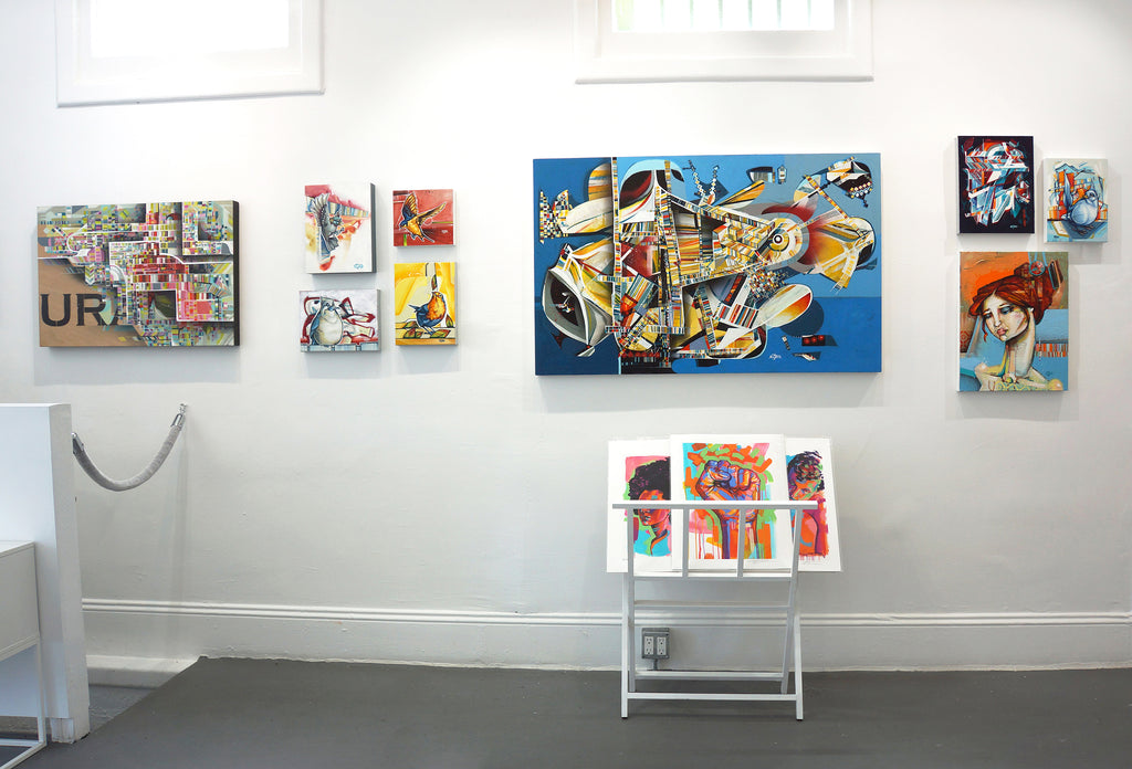 Photograph of paintings during John Osgood's "In Plain Sight" solo exhibition at Voss Gallery Francisco, May-June 2020.