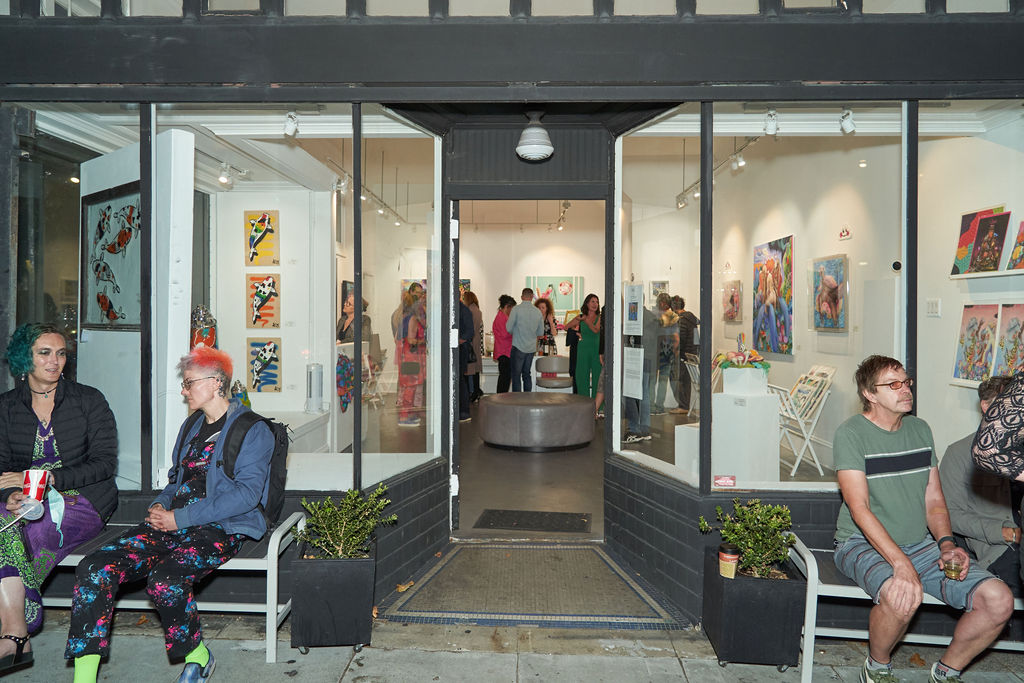 Photograph of Voss Gallery's facade during the Opening Reception of Justyna Kisielewicz's "Entangled Stories" solo exhibition at Voss Gallery, San Francisco, September 9, 2022.