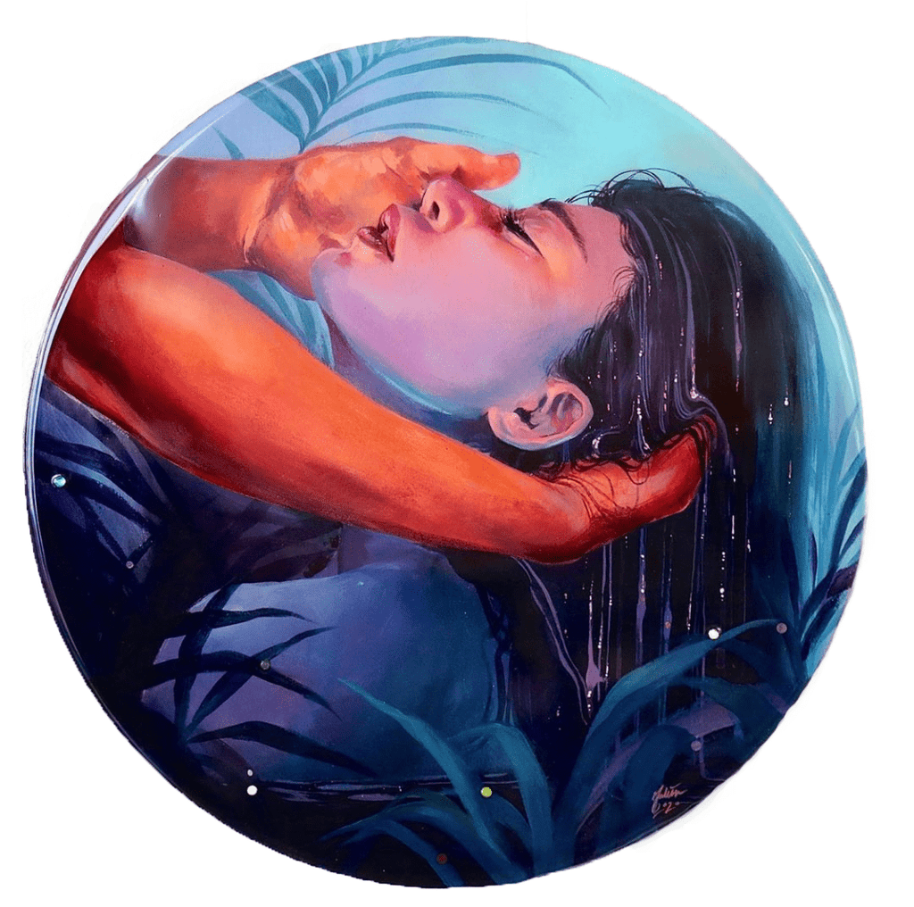Malisa Suchanya's 2020 evocative acrylic painting 'Pull Me From Dark Waters' on wood panel, featuring a serene subject embraced by hands against a backdrop of dark aquatic flora, available for purchase at Voss Gallery, San Francisco.