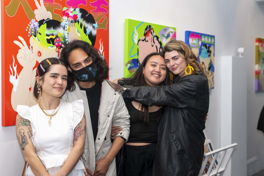 Photograph of four people during Maya Fuji's "Kami" solo exhibition Opening Reception at Voss Gallery in San Francisco, May 27, 2022.