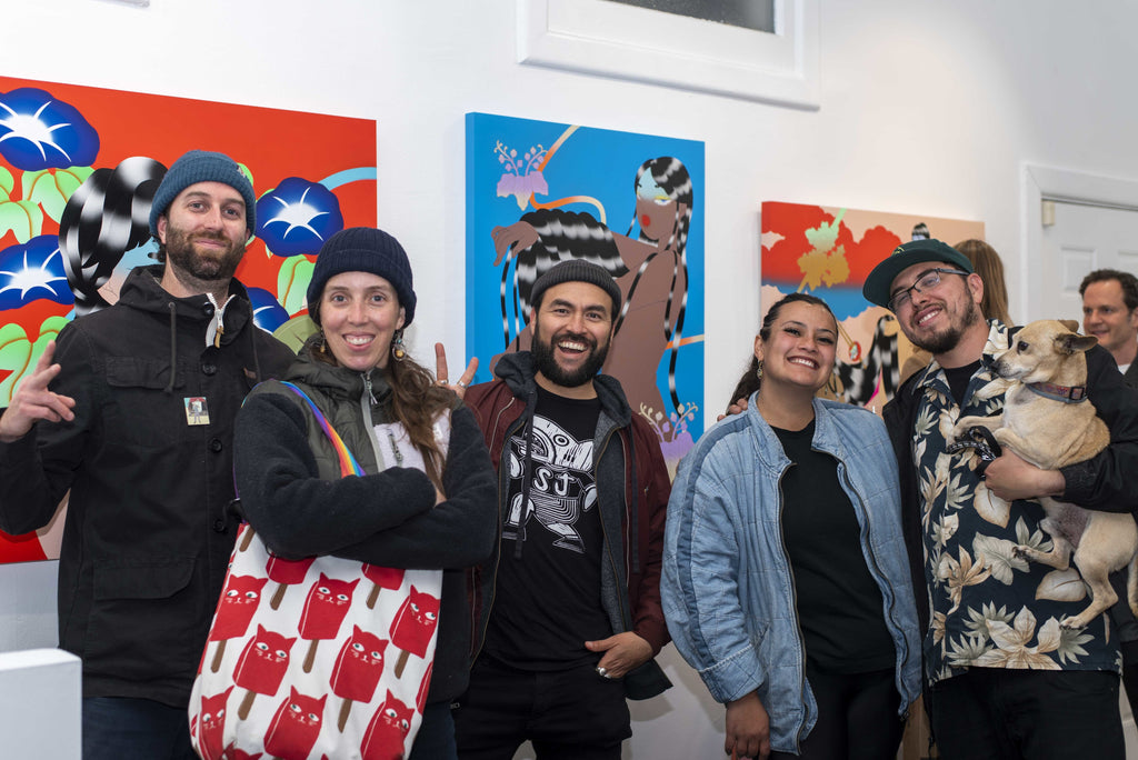 Photograph of five people during Maya Fuji's "Kami" solo exhibition Opening Reception at Voss Gallery in San Francisco, May 27, 2022.