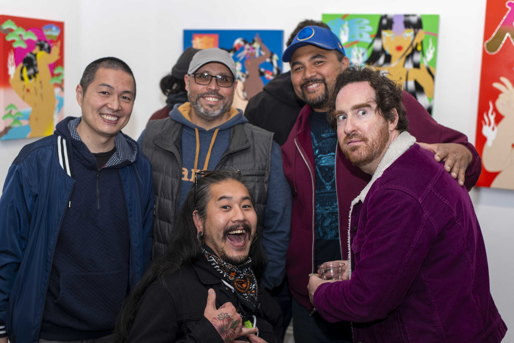 Photograph of five men during Maya Fuji's "Kami" solo exhibition Opening Reception at Voss Gallery in San Francisco, May 27, 2022.