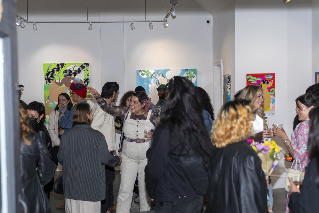 Photograph of people attending Maya Fuji's "Kami" solo exhibition Opening Reception at Voss Gallery in San Francisco, May 27, 2022.