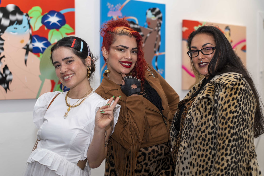 Photograph of three women during Maya Fuji's "Kami" solo exhibition Opening Reception, May 27, 2022.