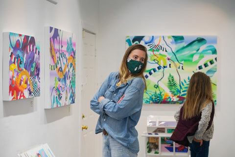 Photograph of two women during Joshua Nissen King's "Fruit of Another"solo exhibition Meet the Artist Event at Voss Gallery, San Francisco, September 12, 2020.