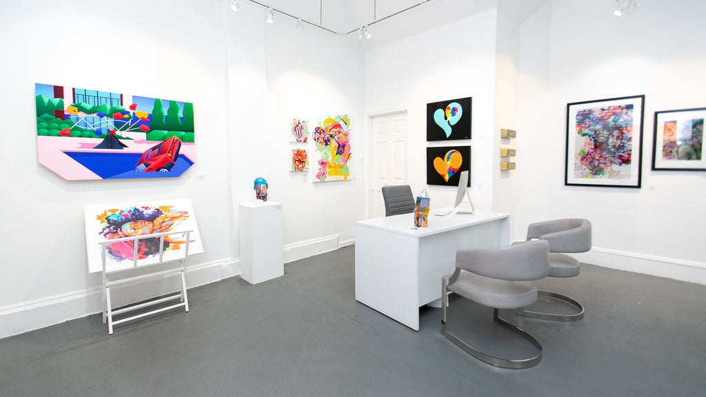 Install image of "The Essentials" group exhibition at Voss Gallery, San Francisco in December 2019-February 2020. Photograph of artwork hanging near the gallery desk: Tim Irani, The Tracy Piper, Natalia Lvova, and Amandalynn.