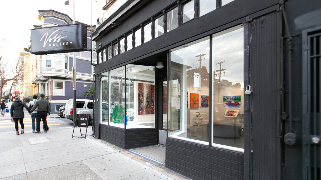 Install image of "The Essentials" group exhibition at Voss Gallery, San Francisco in December 2019-February 2020. Photograph of the outside of the gallery.