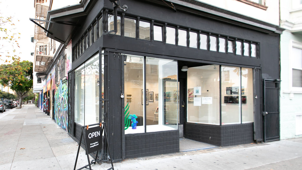 Install image of "The Essentials" group exhibition at Voss Gallery, San Francisco in December 2019-February 2020. Photograph of the outside of the gallery.