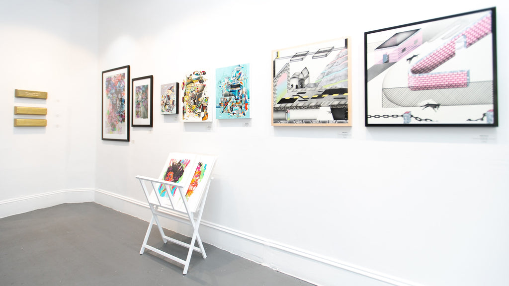 Install image of "The Essentials" group exhibition at Voss Gallery, San Francisco in December 2019-February 2020. Photograph of Lucky Rapp, Amandalynn, John Osgood, and Neddie Bakula's work in the gallery.