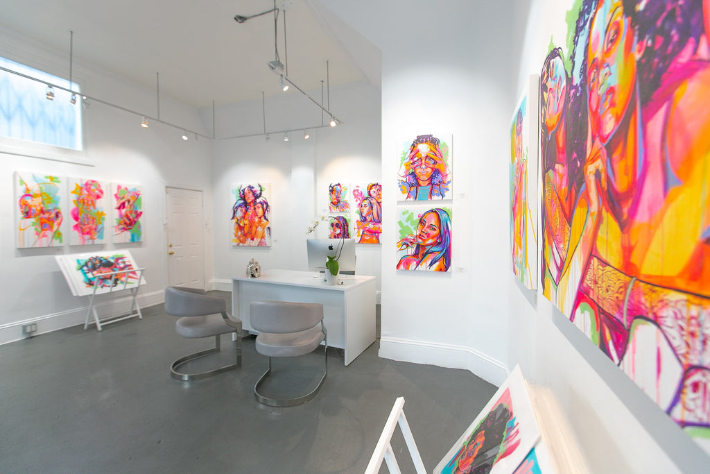 Photograph of The Tracy Piper's install exhibition. The Tracy Piper's "All I Need" solo exhibition of vibrant figurative paintings was showing at Voss Gallery in San Francisco, February 7-29, 2020.