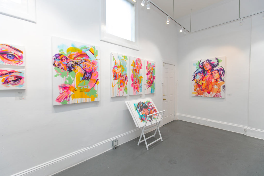 Install photograph of The Tracy Piper's paintings at Voss Gallery. The Tracy Piper's "All I Need" solo exhibition of vibrant figurative paintings was showing at Voss Gallery in San Francisco, February 7-29, 2020.