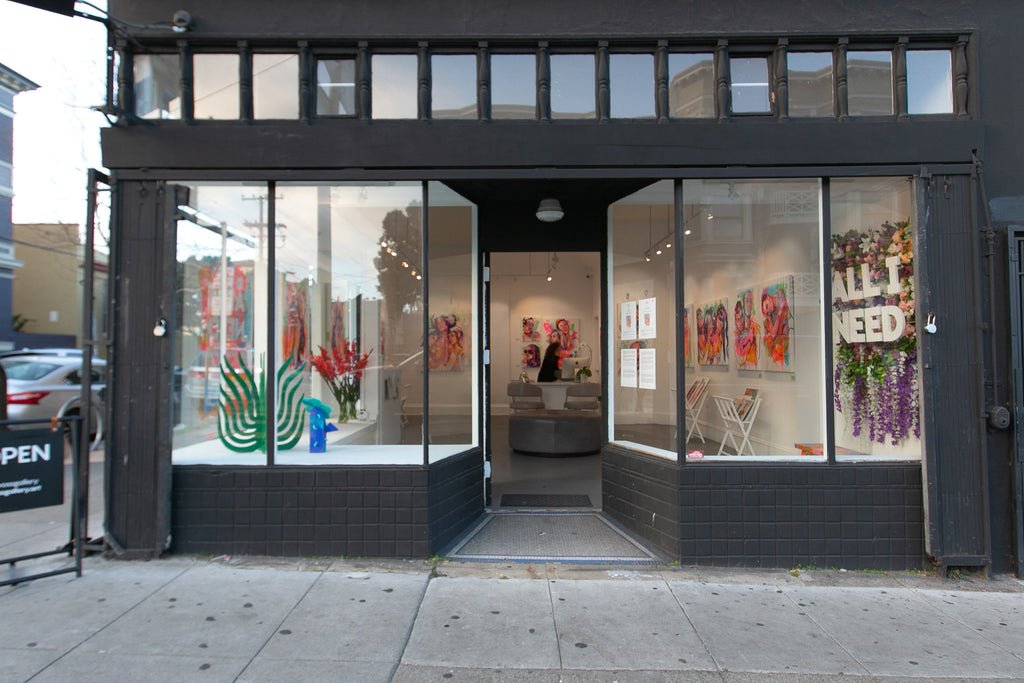 Front entrance of the gallery during The Tracy Piper's "All I Need" solo exhibition of vibrant figurative paintings was showing at Voss Gallery in San Francisco, February 7-29, 2020.
