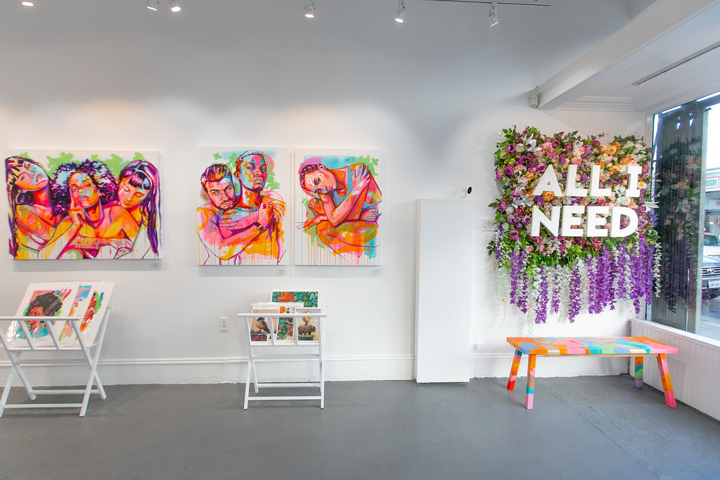 Gallery spotlight wall during The Tracy Piper's "All I Need" solo exhibition of vibrant figurative paintings was showing at Voss Gallery in San Francisco, February 7-29, 2020.