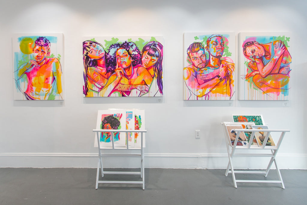 Gallery spotlight wall during The Tracy Piper's "All I Need" solo exhibition of vibrant figurative paintings was showing at Voss Gallery in San Francisco, February 7-29, 2020.