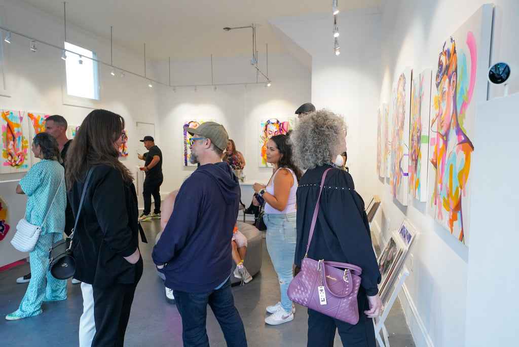 Photograph of people attending the opening reception of the The Tracy Piper's "All the Feels" solo exhibition at Voss Gallery, San Francisco, August 25, 2023.