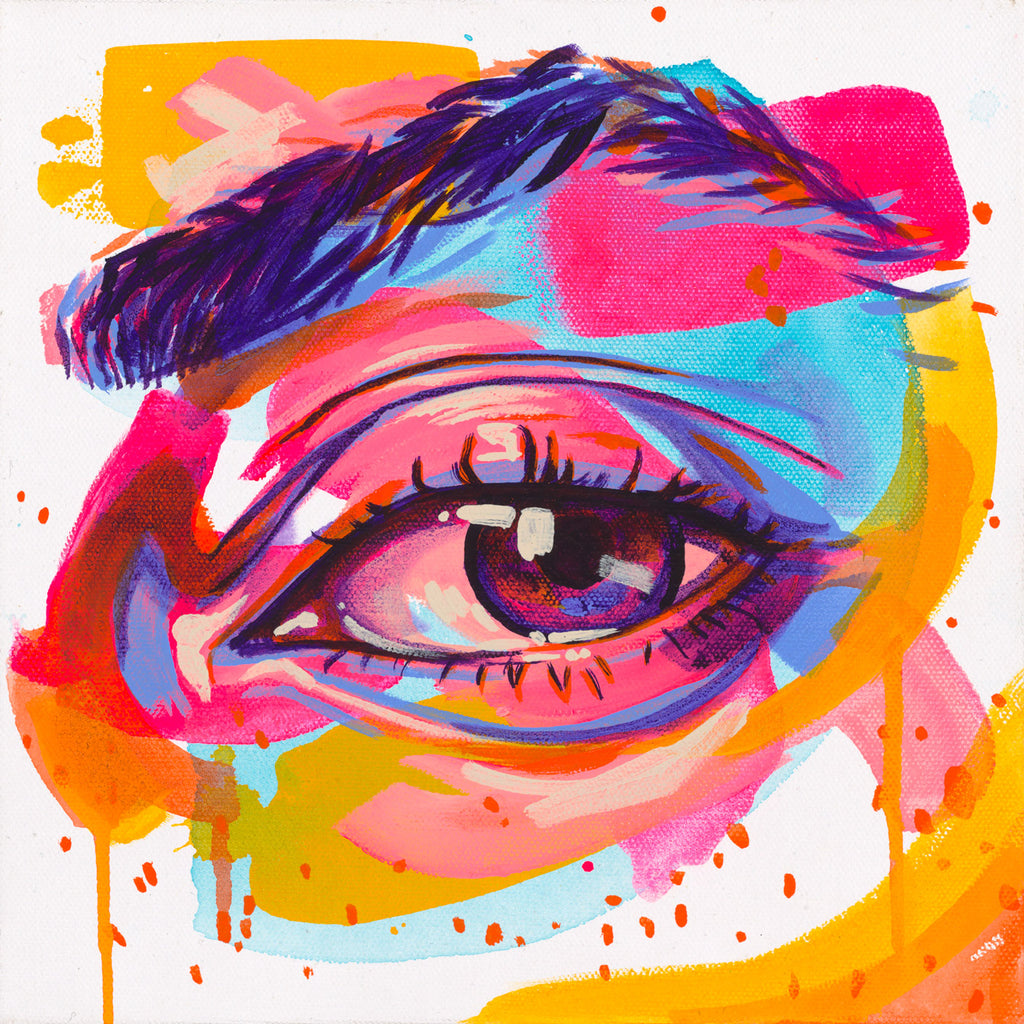 The Tracy Piper's vibrant figurative eye painting "SEEN 104" is available at Voss Gallery, San Francisco for $250.