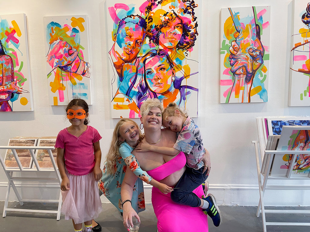 The Tracy Piper with kids at her "All the Feels" Opening Reception at Voss Gallery in San Francisco, CA.