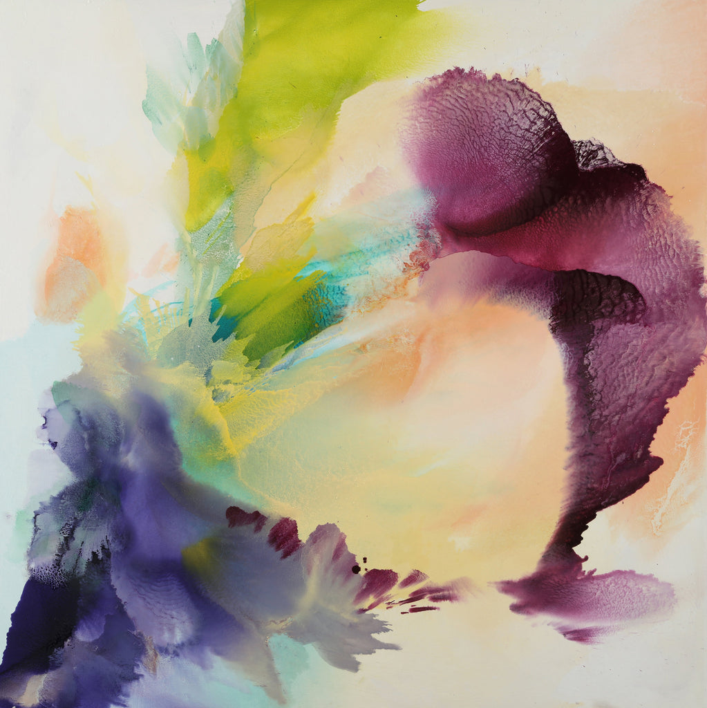 Abstract oil painting by Usha Shukla titled 'Take a Breath', featuring a dynamic blend of soft pastel and vibrant hues creating an ethereal effect, 36x36 inches, available at Voss Gallery San Francisco for contemporary art collectors and enthusiasts.