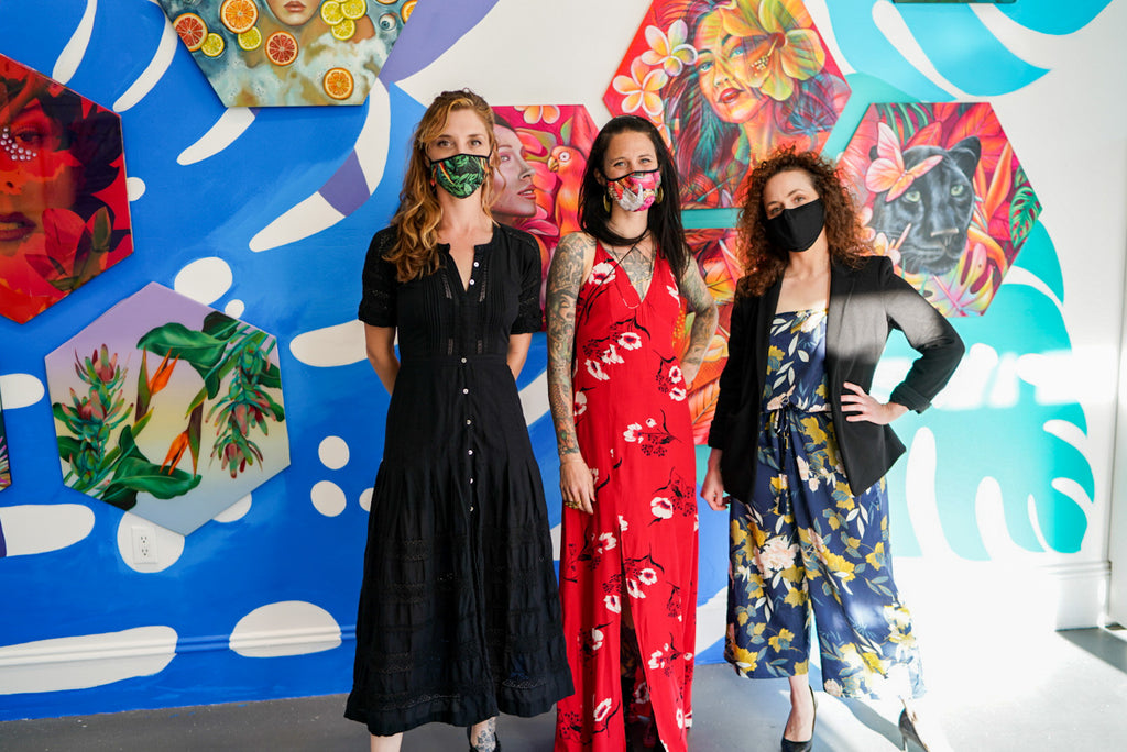 Photograph of three women during the Paradise group exhibition VIP Collectors Event at Voss Gallery, San Francisco, April 2021.