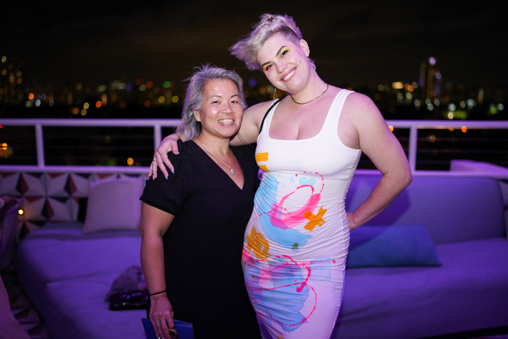 Photograph of artist, The Tracy Piper, and a lady guest during the Moxy Afterparty Art Basel Event in Miami Beach, December 2023.