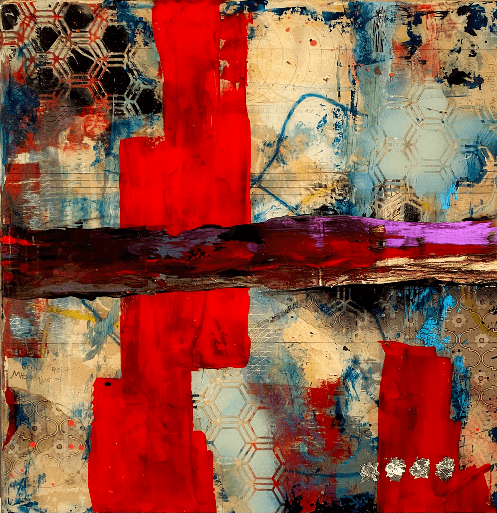 David Samuels' abstract expressionist distressed resin artwork "Quadroverse 5" is available at Voss Gallery, San Francisco for $2,000.