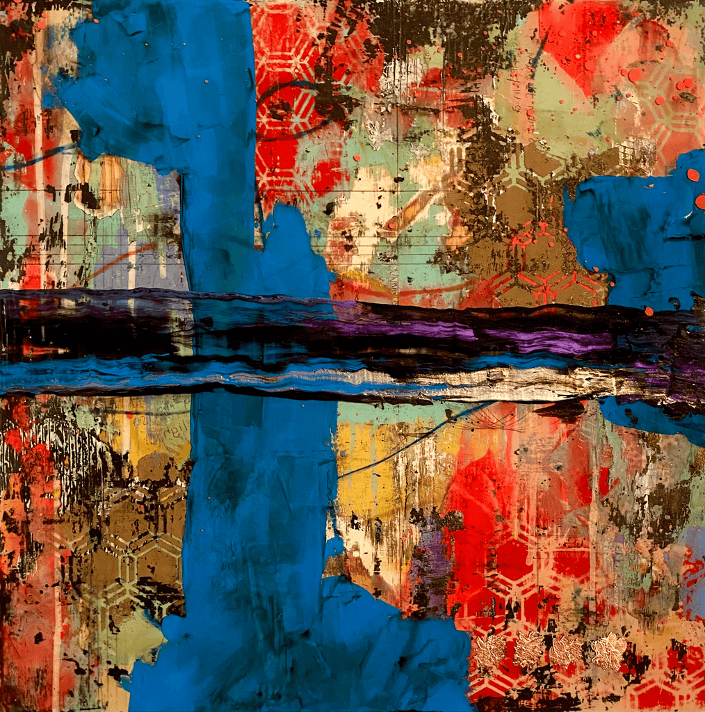 David Samuels' abstract expressionist distressed resin artwork "Quadroverse 6" is available at Voss Gallery, San Francisco for $2,000.