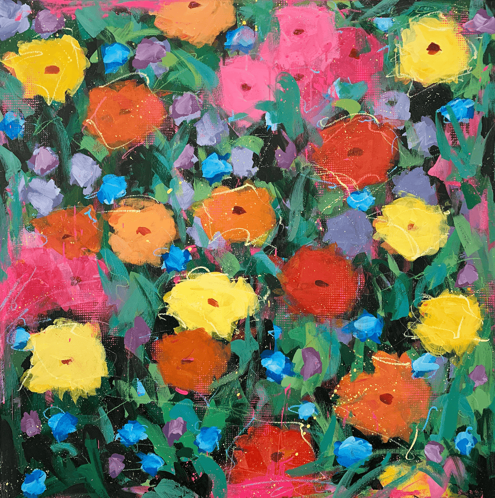 Steve Javiel's painting of a impressionist Warhol-like flowers "Brighter Days" is available at Voss Gallery, San Francisco for $2,100.