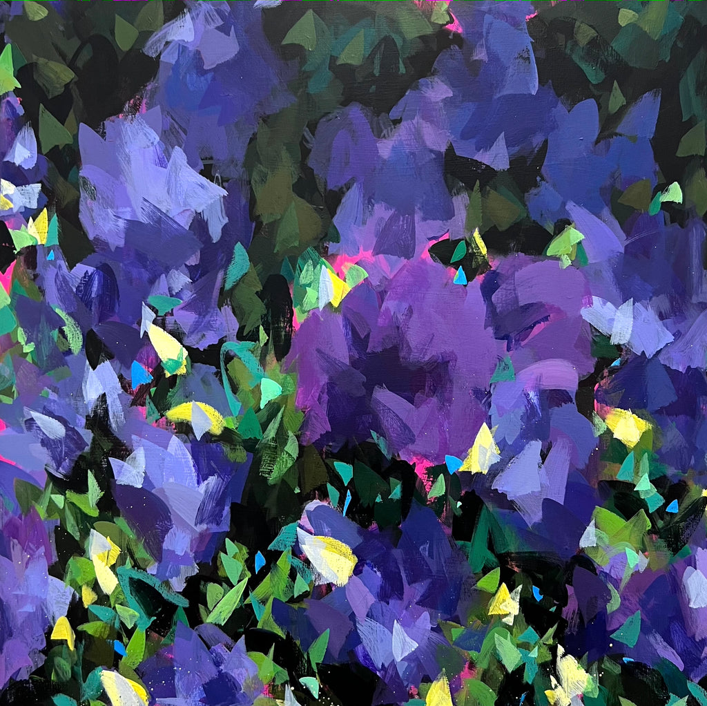 Steve Javiel's impressionist painting of purple flowers "Hidden Gem" is available at Voss Gallery, San Francisco for $825.