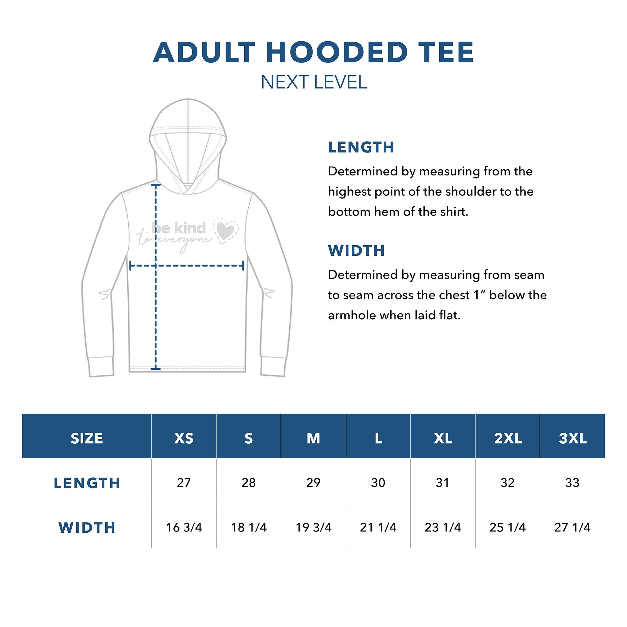 Adult Hooded Tee Sizing Guide