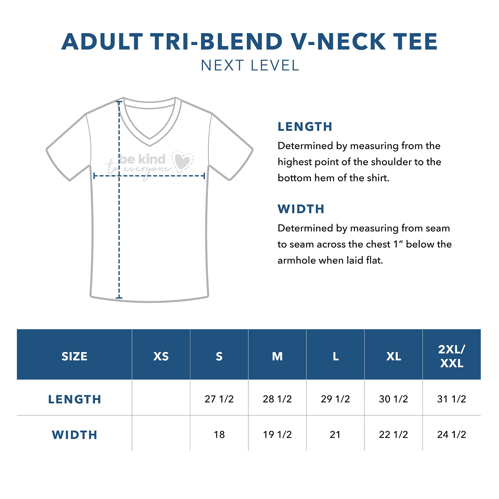 Adult Next Level Tri-Blend V-Neck Sizing Guide