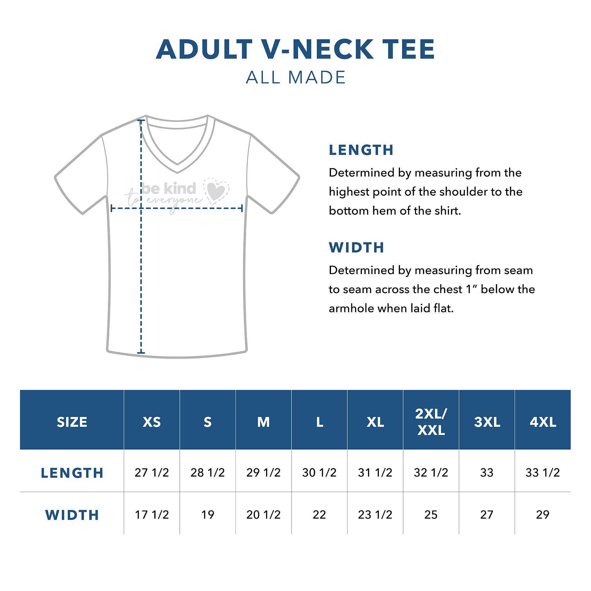 All Made Adult V-Neck Sizing Guide