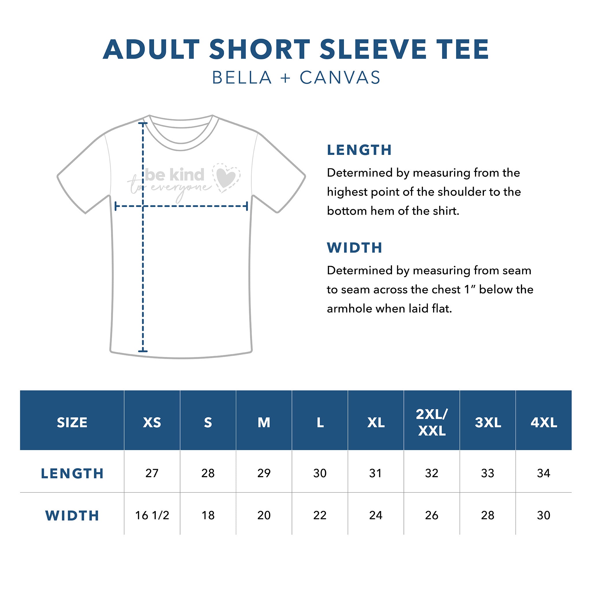 Adult Bella + Canvas Short Sleeve Tee Sizing Guide