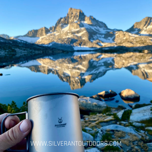 SilverAnt Titanium Cup with Mountain Lake Background