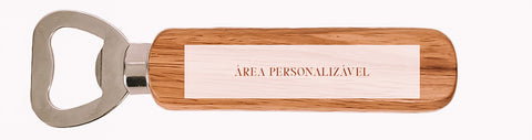 Abre caricas em metal com cabo em madeira com um retângulo a indicar a área de personalização