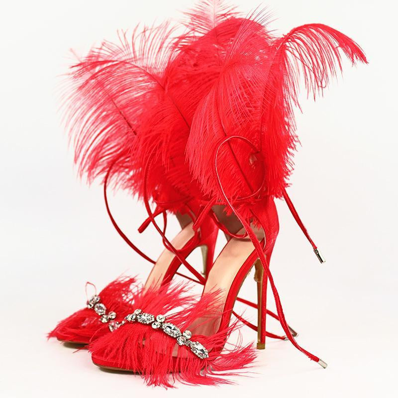 heels with feathers on the back