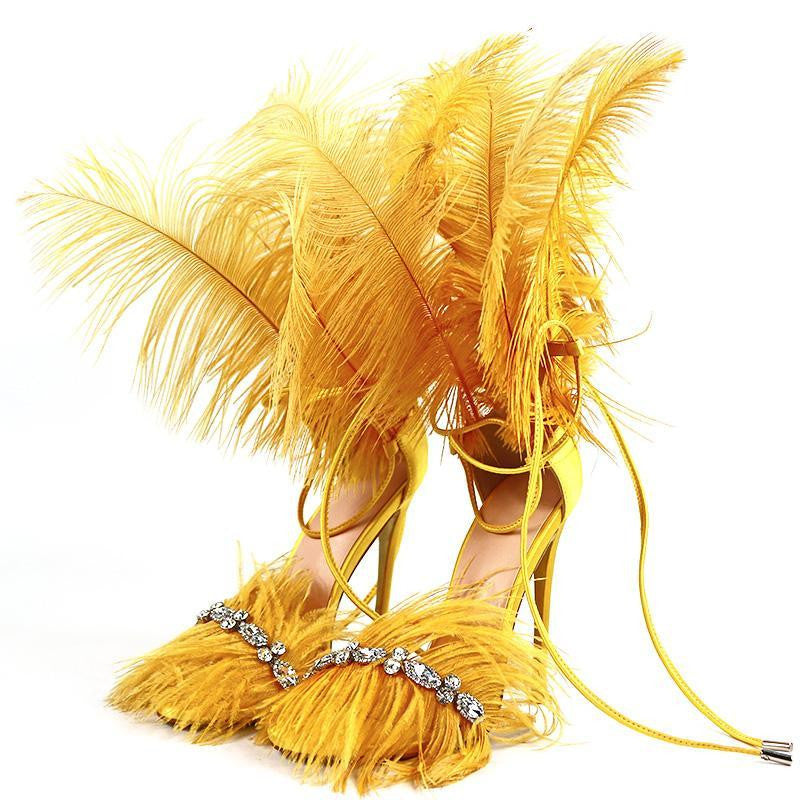 heels with feathers on back