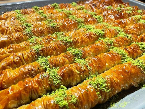 Garnish the baklava with chopped pistachio nuts.