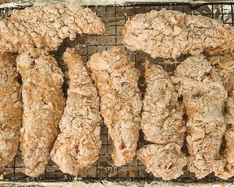Double breading your chicken is a great way to get a craggy, crunchy crust when making your chicken and waffles.