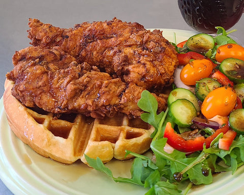 We added a toss salad to serve with our chicken and waffles to lighten it up a little bit.