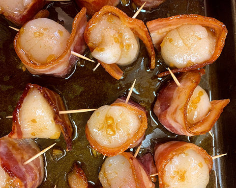 Bacon Wrapped Scallops, Marinated to Perfection