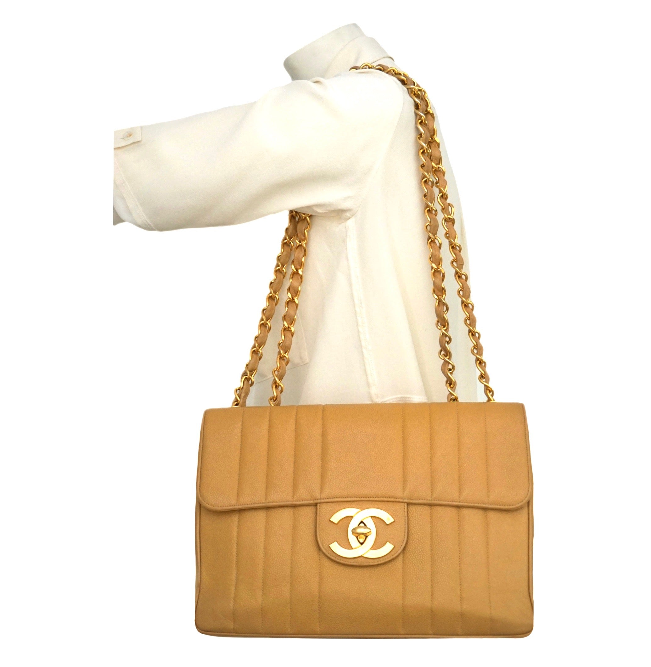 Authentic Chanel Vintage Tan Caviar Vertical Quilted Jumbo – Classic ...