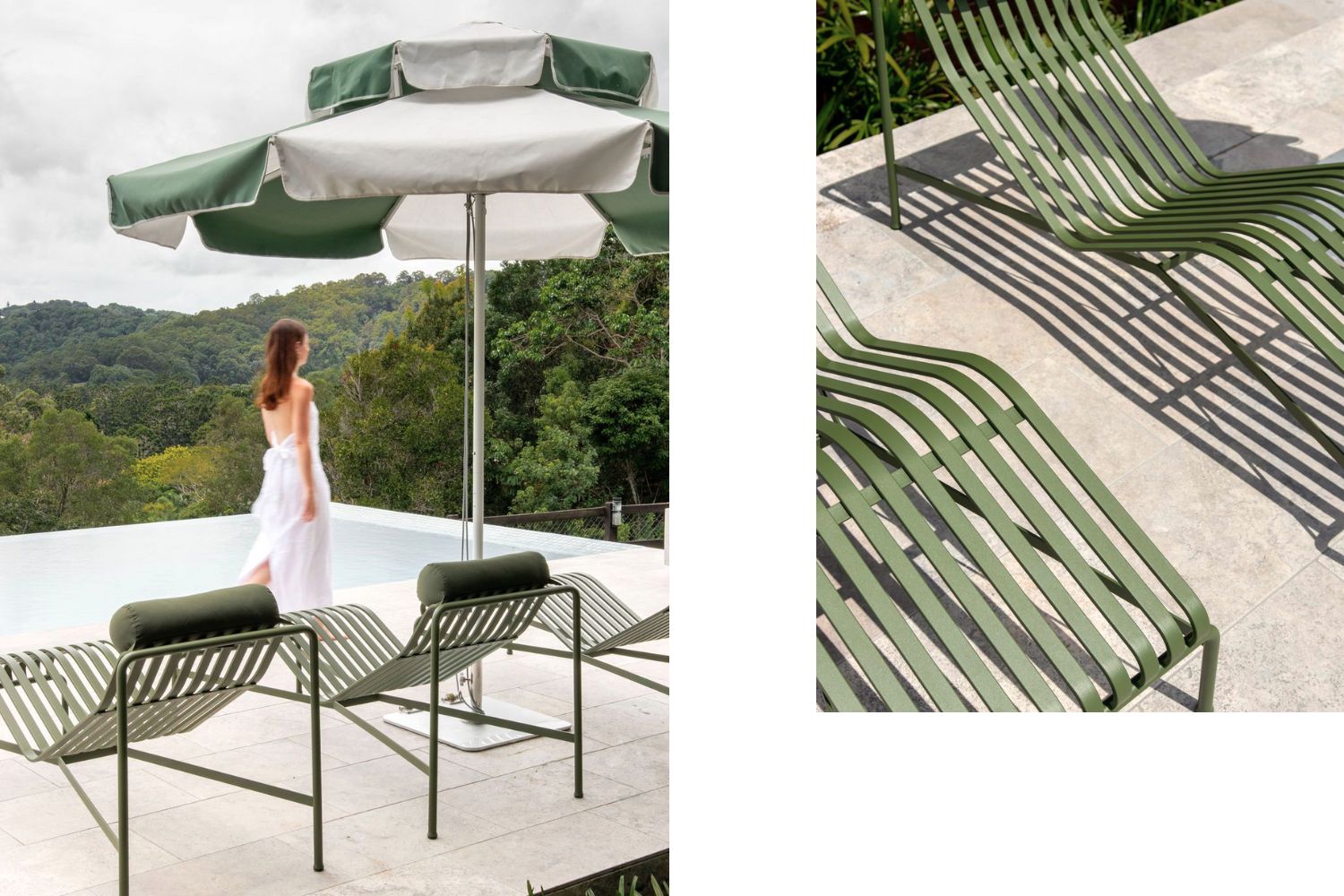 Olive green sun loungers and sage stripe umbrella in front of pool