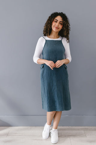 Blue denim dress over white shirt, with undershirt, suits all body types